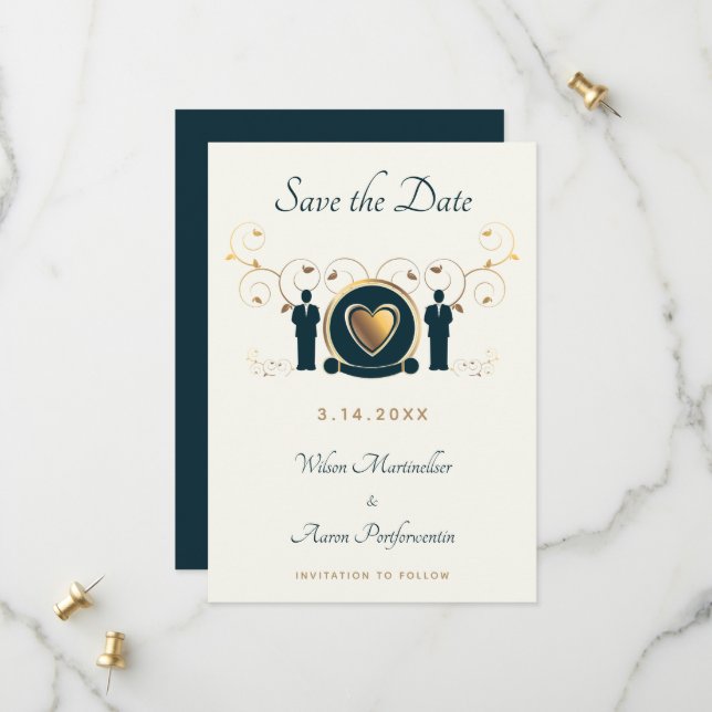 Save The Date Deux chambres Homme Mariage crème bleu LGBTQ (Devant/Arrière en situation)