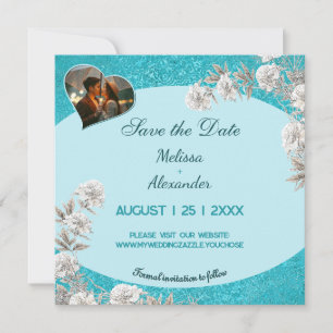 Save The Date Deux photos Abstrait floral bleu mariage élégant