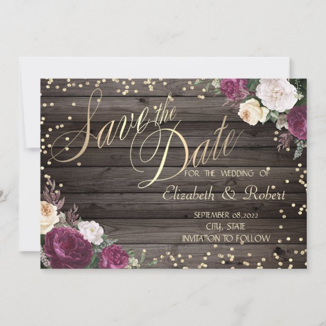 Save The Date Diamants d'or Fleurs Bourgogne Bois (Devant)