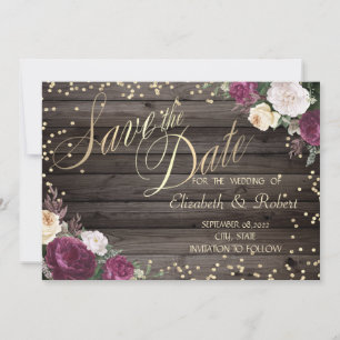 Save The Date Diamants d'or Fleurs Bourgogne Bois