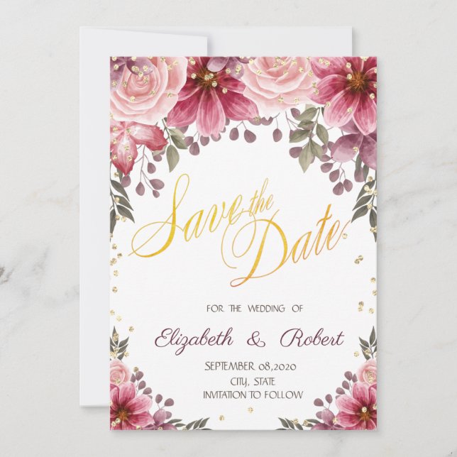 Save The Date Diamants D'Or Floral Bourgogne Enregistrer La Date (Devant)