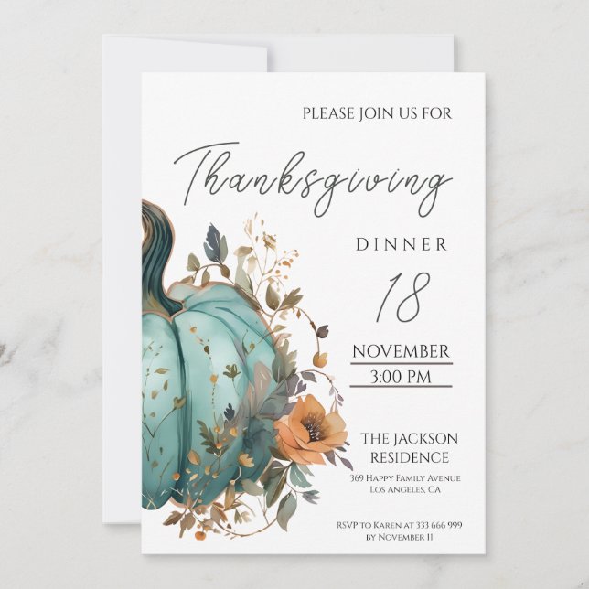 Save The Date Dîner de Thanksgiving Rustique Citrouille bleu Inv (Devant)