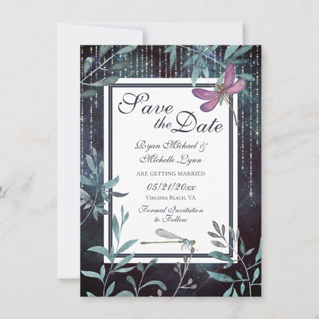Save The Date Dragonflies et lumières Soirée de jardin Mariage (Devant)