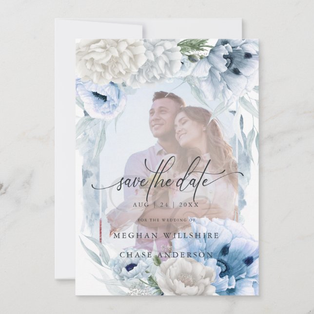Save The Date Dreamy Photo Floral Aquarelle bleu Fleurs (Devant)