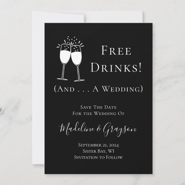 Save The Date Drôle boissons gratuites et un mariage Enregistrer (Devant)