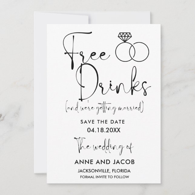 Save The Date Drôle boissons gratuites mariage Enregistrer la da (Devant)