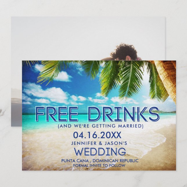 Save The Date Drôle Libre Boissons Plage Destination Mariage (Devant / Derrière)