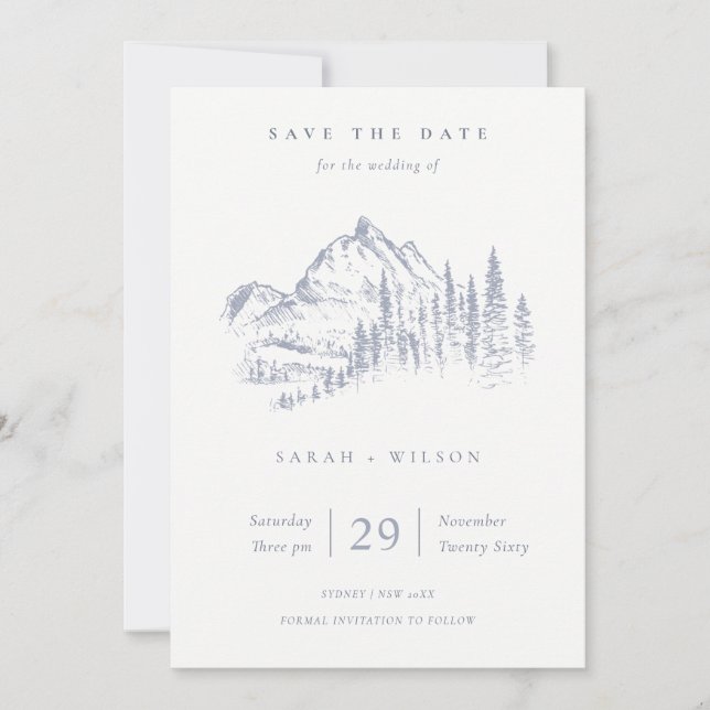 Save The Date Dusky Blue Grey Kraft Rustique Pine Mountain Croqu (Devant)