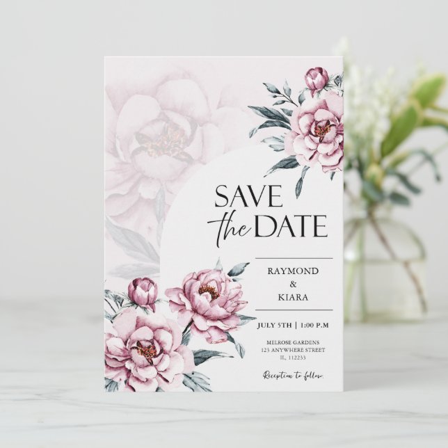 Save the Date Dusky Pink Peony Wedding (Stehend Vorderseite)