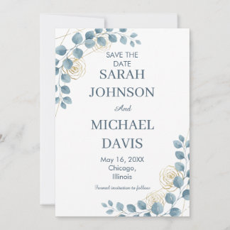 Save The Date Dusty Blue And Gold Floral Wedding
