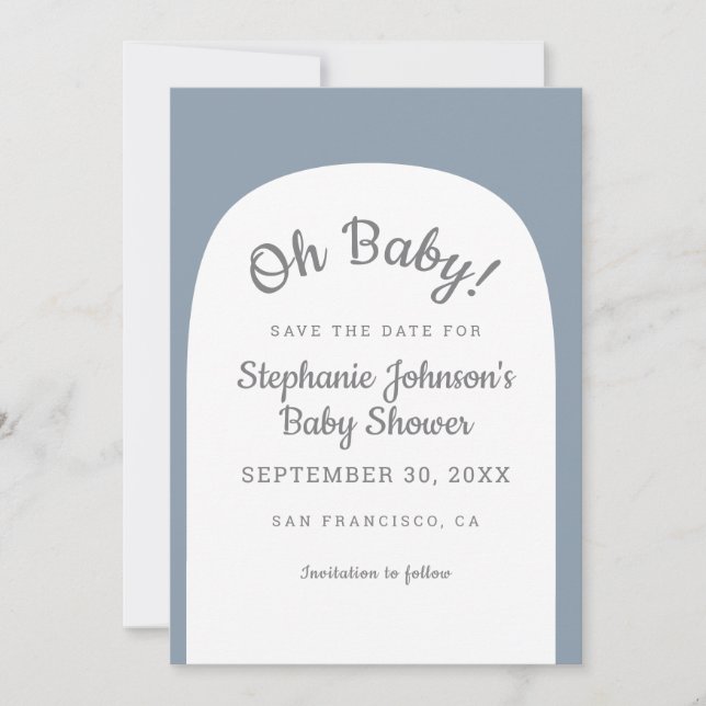 Save The Date Dusty Blue Bohemian Arch Oh Baby Baby shower (Devant)