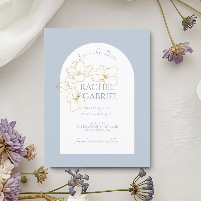 Save The Date Dusty Blue | Boho Arch Gold Floral Mariage (Créateur téléchargé)