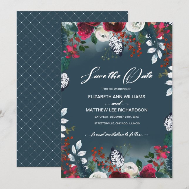 Save The Date. Dusty Blue | Burgundy Bloom Wedding Einladung (Vorne/Hinten)