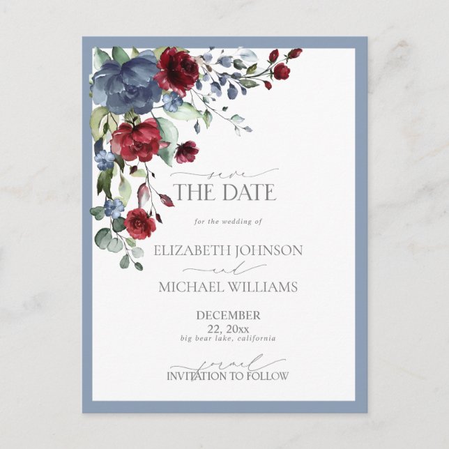Save the Date Dusty Blue Burgundy Wedding Ankündigungspostkarte (Vorderseite)