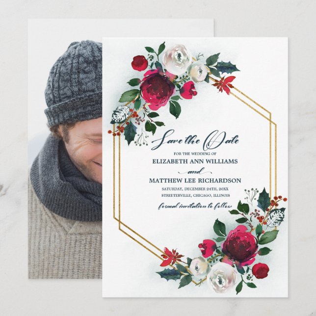 Save The Date. Dusty Blue | Burgundy Wedding Foto Einladung (Vorne/Hinten)