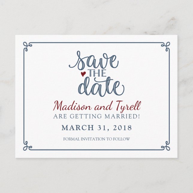 "Save the Date" - Dusty Blue & Dark Red Ankündigungspostkarte (Vorderseite)