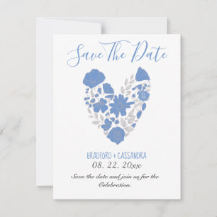 Save The Date Dusty Blue Elegant Blanc Gris Floral Mariage Coeur