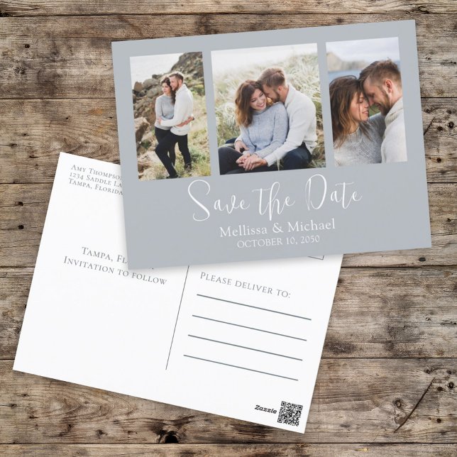 Save the Date Dusty Blue Elegant Wedding Foto Postkarte (Von Creator hochgeladen)