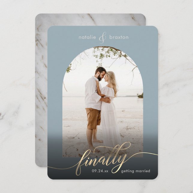 Save The Date Dusty Blue enfin se marier & fenêtre photo (Devant / Derrière)