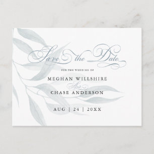 Save the Date Dusty Blue Eucalyptus Blätter White Postkarte