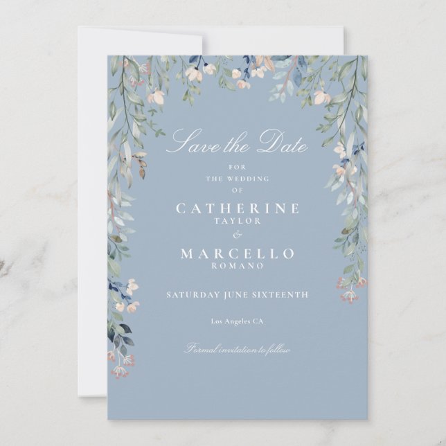 Save The Date Dusty Blue Fleur sauvage Floral Mariage (Devant)