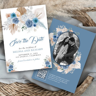 Save The Date Dusty Blue Floral Boho Pampas Photo QR Code