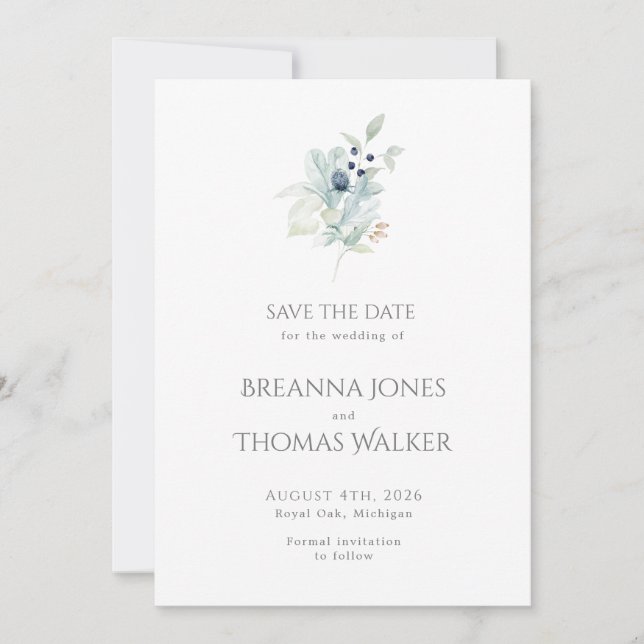 Save the Date | Dusty Blue Floral Design Einladung (Vorderseite)