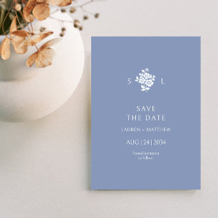 Save The Date Dusty Blue Floral Monogramme Mariage plat