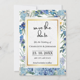 Save The Date Dusty Blue Floral Wreath Aquarelle Verdure