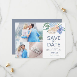 Save The Date Dusty Blue Florals 3 Photo Collage