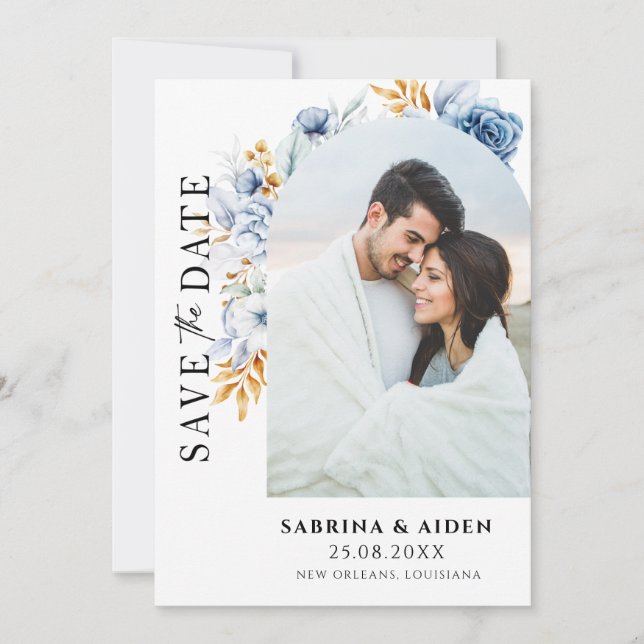 Save The Date Dusty Blue Gold Floral Arch Photo QR Code (Devant)