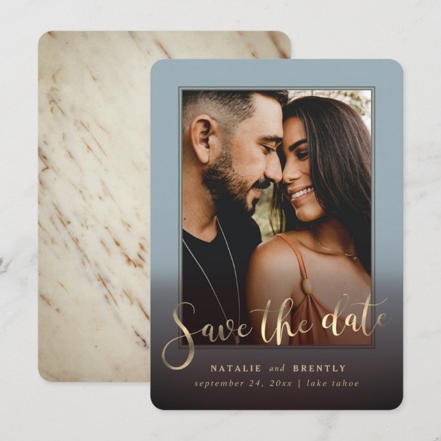 Save The Date Dusty Blue Gold Script & Marble Photo Overlay (Devant / Derrière)