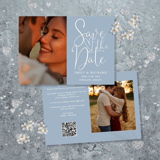 Save The Date Dusty Blue Mariage 2 Photo QR Code Élégant Script (Créateur téléchargé)