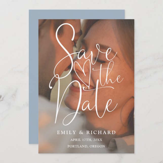 Save The Date Dusty Blue Mariage Photo Élégant Script Code QR (Devant / Derrière)