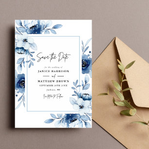 Save The Date Dusty Blue Navy Champagne Ivory Floral Mariage