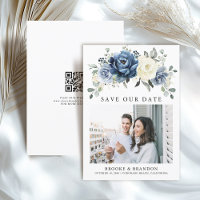 Dusty Blue Navy Champagne Ivory Floral QR Code