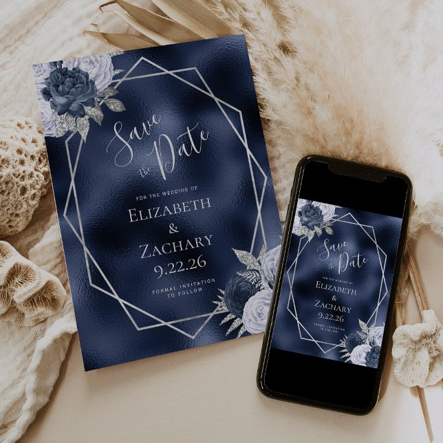 Save The Date Dusty Blue Silver Floral Navy Foil Enregistrer la  (Créateur téléchargé)