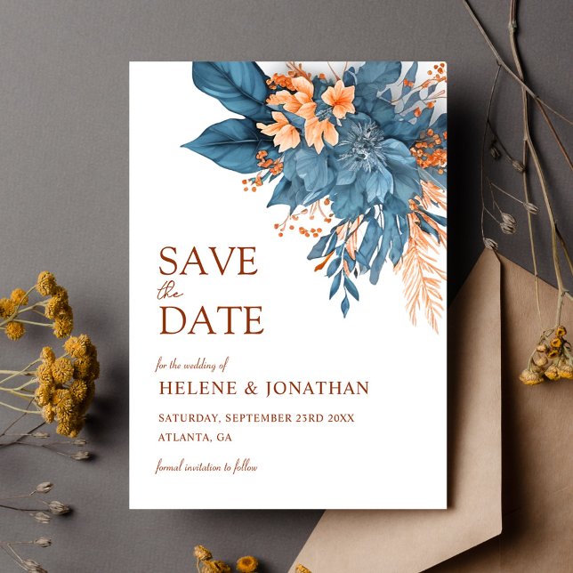 Save The Date Dusty Blue Terracotta Boho Floral Mariage élégant (Dusty Blue Terracotta Boho Floral Elegant Wedding Save The Date)