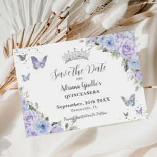 Save The Date Dusty Blue violet Floral argent Quinceañera 16e