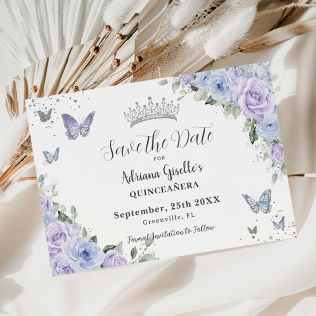 Save The Date Dusty Blue violet Floral argent Quinceañera 16e (Créateur téléchargé)