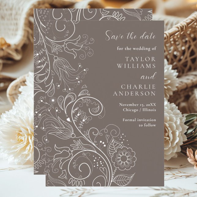 Save The Date Dusty Brown Élégant Mariage Floral Enregistrer La  (Créateur téléchargé)