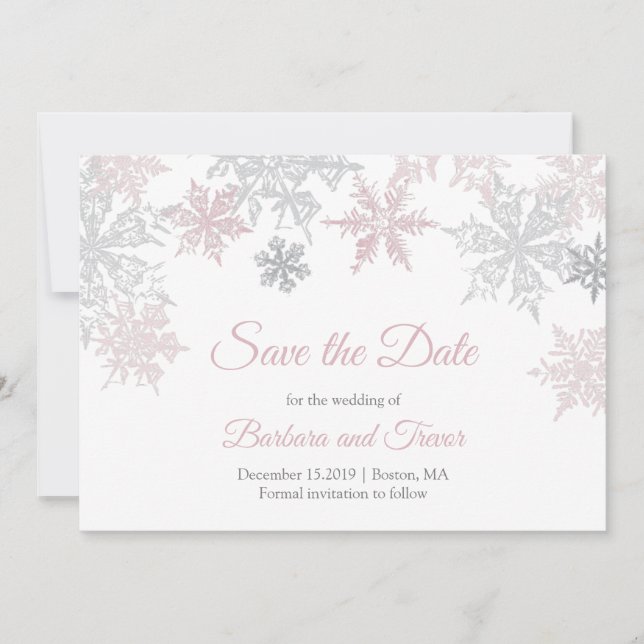 Save The Date Dusty Pink & Silver Snowflakes Mariage hivernal (Devant)