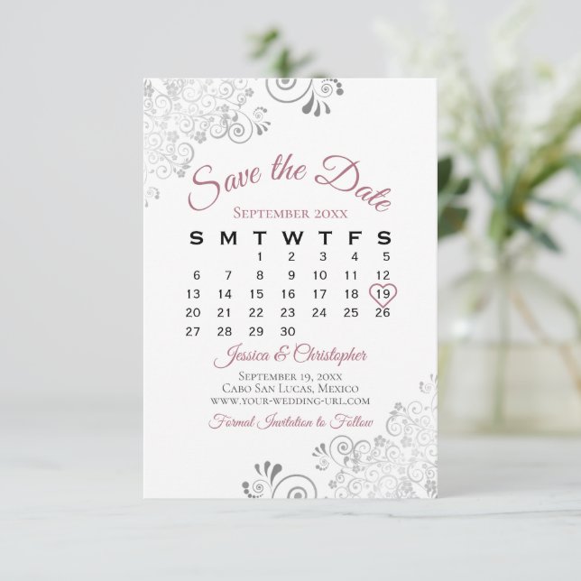 Save The Date Dusty Rose & Blanc Simple Élégant Calendrier de ma (Debout devant)