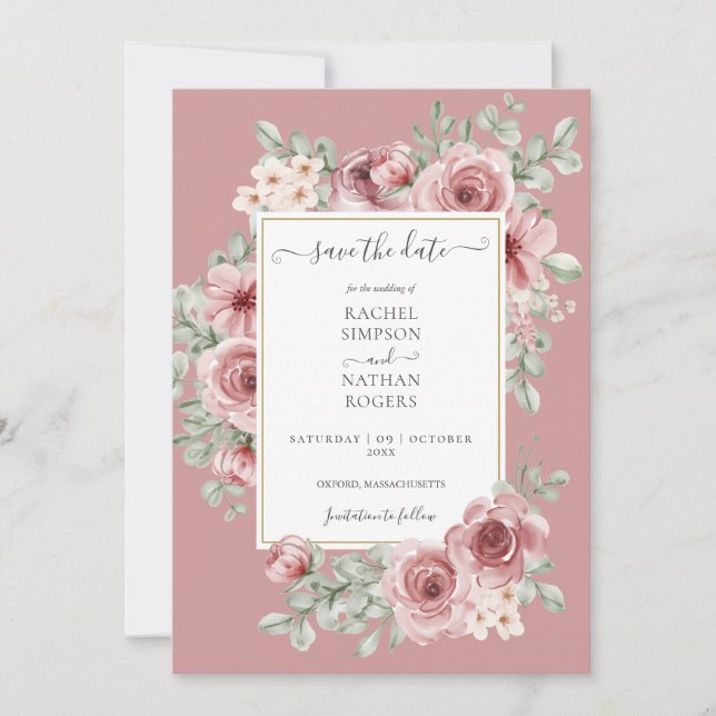 Save The Date Dusty Rose Floral Gold Mariage Photo (Devant)