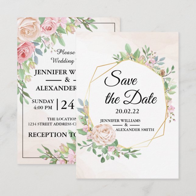 Save The Date Dusty Rose rose et or Floral Mariage (Devant / Derrière)
