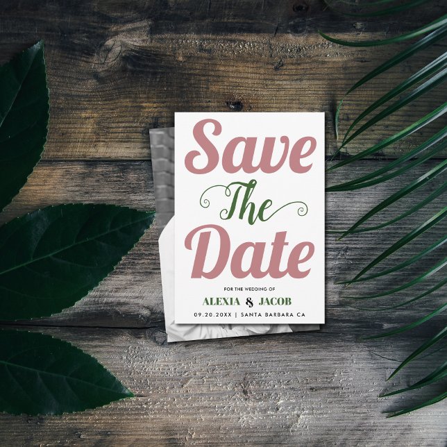 Save The Date Dusty rose, typographie verte et photo sur le dos (Créateur téléchargé)