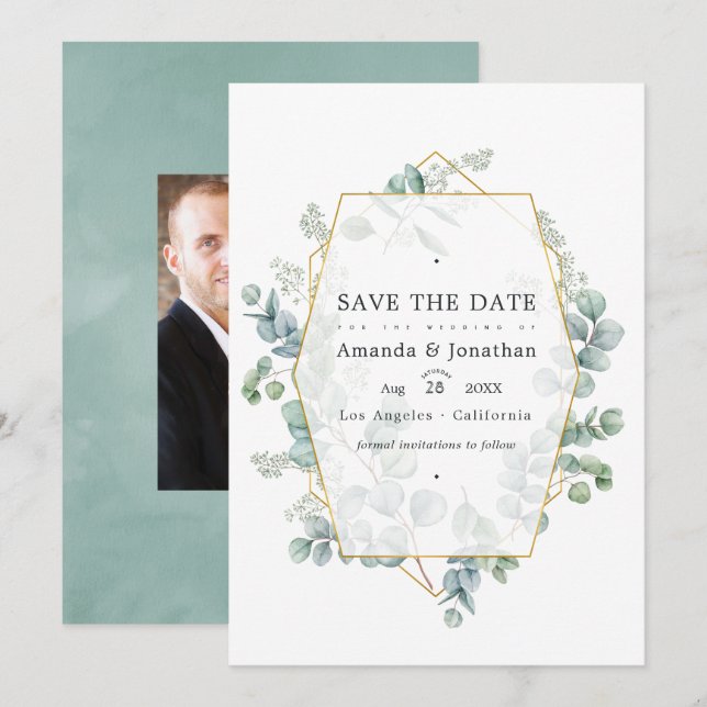 Save The Date Eau-forte Eucalyptus Géométrique Mariage Enregistr (Devant / Derrière)