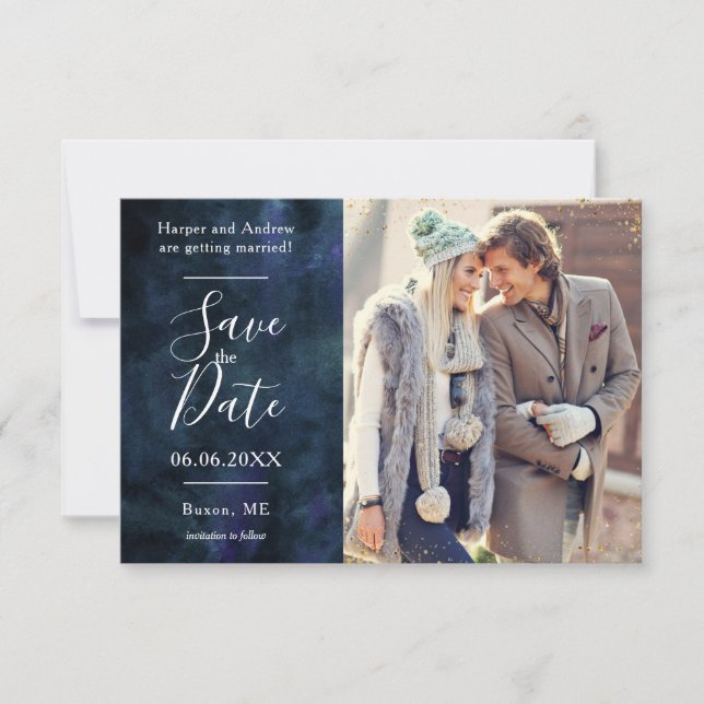 Save The Date Eau gouache bleu marine paillettes dorées photo pe (Devant)