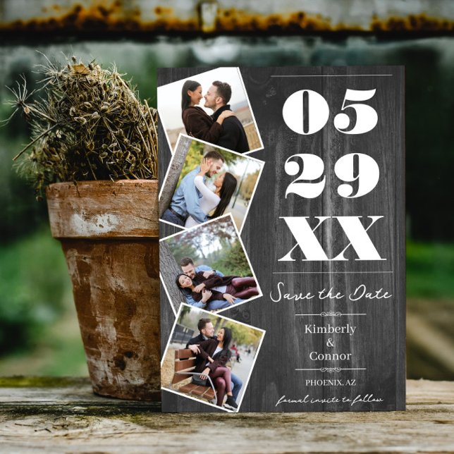 Save The Date Économisez la date de quatre photos gras rustique  (Gray Rustic Bold Four Photo Save the Date)
