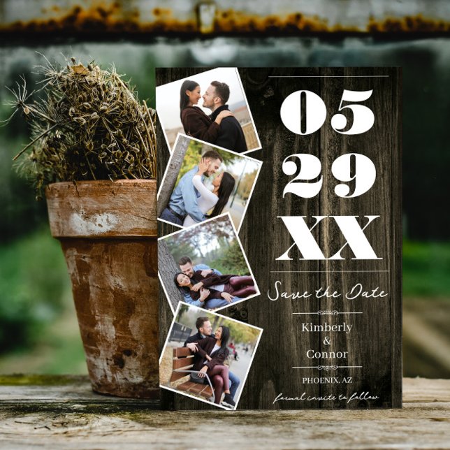 Save The Date Économisez la date de quatre photos rustique gras  (Natural Rustic Bold Four Photo Save the Date)